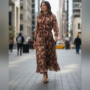 Lark + Grey Floral Maxi Dress Women’s Sz XL Burgundy Long Sleeve Cottage Fairy